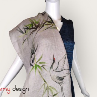 Grey ramie scarf hand-painted with bamboo and crane 115*115cm